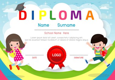 Sertifikalar anaokulu ve ilköğretim, Okul Öncesi Çocuk Diploması sertifika desen tasarım şablonu, Anaokulu öğrencileri için Diploma şablonu, Çocuk Belgesi diploması