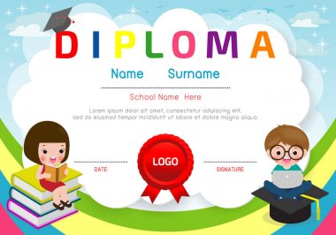 Sertifikalar anaokulu ve ilköğretim, Okul Öncesi Çocuk Diploması sertifika desen tasarım şablonu, Anaokulu öğrencileri için Diploma şablonu, Çocuk Belgesi diploması