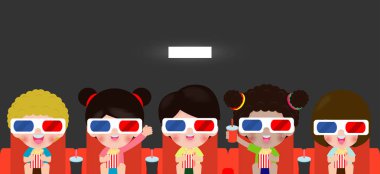 çocuklar film izlerken, Mutlu çocuklar birlikte bir film, film ve clapper ve patlamış mısır, çocuk 3d, sinema bir film izlerken gidiyor. Vektör İllüstrasyonu