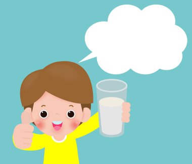 Konuşma baloncukları ile süt içme bardak tutan sevimli çocuk, Thumbs up. Sağlıklı Kavramlar Vektör İllüstrasyon İzole arka plan. 