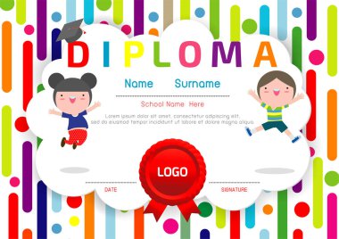 Sertifikalar anaokulu ve ilköğretim, Okul Öncesi Çocuk Diploması sertifika desen tasarım şablonu, Anaokulu öğrencileri için Diploma şablonu, Çocuk Belgesi diploması