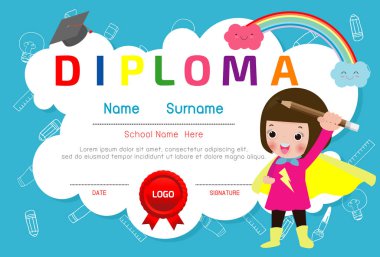 Sertifikalar anaokulu ve ilköğretim, Okul Öncesi Çocuk Diploması sertifika desen tasarım şablonu, Anaokulu öğrencileri için Diploma şablonu, Çocuk Belgesi diploması