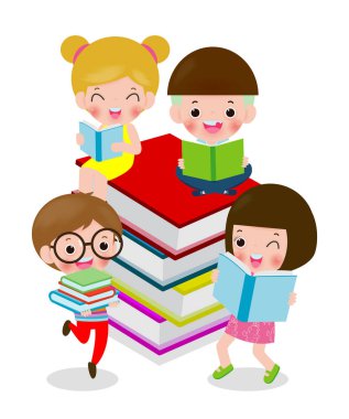 Kitap Okurken Mutlu karikatür çocuklar, i kitap seviyorum, sevimli çocuklar beyaz arka plan Vektör İllüstrasyon izole bir kitap okuma