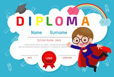 Sertifikalar anaokulu ve ilköğretim, Okul Öncesi Çocuk Diploması sertifika desen tasarım şablonu, Anaokulu öğrencileri için Diploma şablonu, Çocuk Belgesi diploması