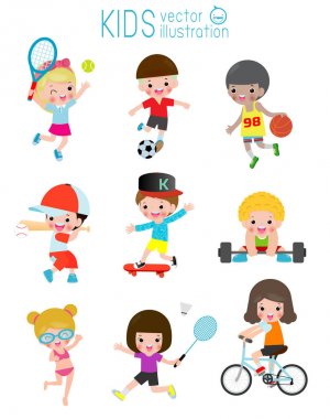 çocuk ve spor, Çocuklar çeşitli spor, Karikatür çocuk spor futbol, Yüzme, Beyzbol, tenis, ağırlık kaldırma, badminton, basketbol, bisiklet, paten oynarken