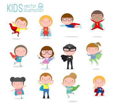 Çizgi roman kostümleri giyen Çocuk Süper Kahraman karikatür büyük set, Süper Kahraman Kostümleri seti ile Kids, Süper Kahraman kostüm karakterleri beyaz arka plan izole çocuklar, Sevimli küçük Superhero Çocuk 
