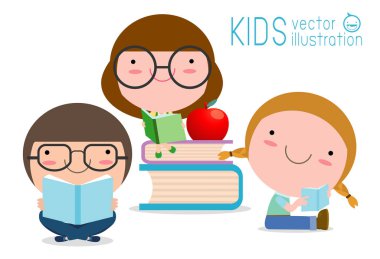 sevimli çocuklar kitap okuyor, sevimli çocuklar kitap okurken, Mutlu Çocuklar Kitap Okurken, beyaz arka plan üzerinde dünya kitap günü Vektör İllüstrasyon