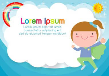 Süper kahraman çocuk arka plan üzerinde. Reklam broşürü, metniniz için şablon. Sevimli küçük süper kahraman çocuk. Çocuklar ve çerçeve, çocuk ve çerçeve. Vektör