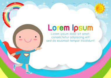 Süper kahraman çocuk arka plan üzerinde. Reklam broşürü, metniniz için şablon. Sevimli küçük süper kahraman çocuk. Çocuklar ve çerçeve, çocuk ve çerçeve. Vektör