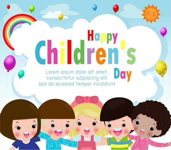 Gelukkige Kinderen Dag Achtergrond Poster Met Happy Kids Vector Illustratie — Stockvector