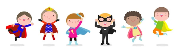 Conjunto Desenhos Animados Crianças Super Heróis Vestindo Trajes Quadrinhos Crianças —  Vetores de Stock