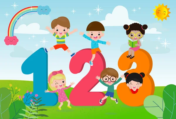 Cartoon Kinder Mit 123 Zahlen Kinder Mit Zahlen Vektorillustration — Stockvektor