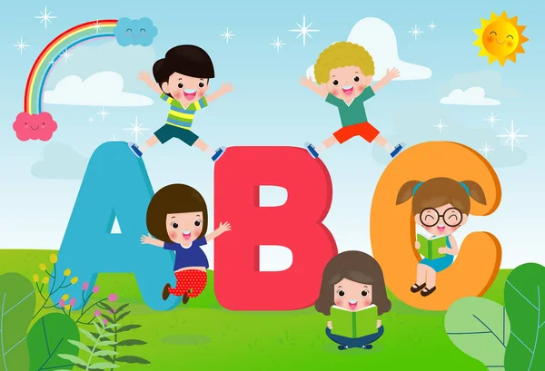 Bambini Dei Cartoni Animati Con Lettere Abc Bambini Delle Scuole — Vettoriale Stock