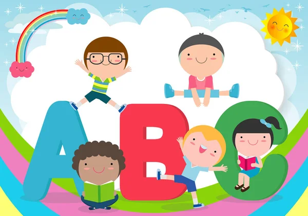 Cartoon Kinder Mit Abc Buchstaben Schüler Mit Abc Kinder Mit — Stockvektor
