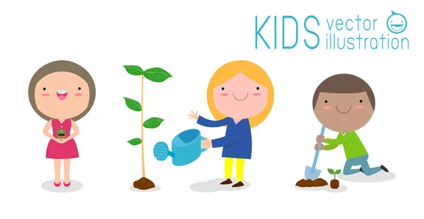 Wektor Ilustracja Dzieci Sadzenie Parku Dzieci Drzewa Roślin Cute Dzieci — Wektor stockowy