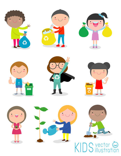 cute kids volunteer. Children collect rubbish for recycling. A child plants trees. isolated on white background
