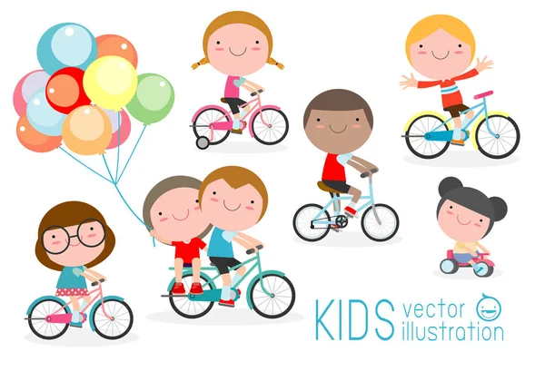 Niños Felices Bicicletas Bicicleta Para Niños Bicicletas Para Niños Bicicleta — Vector de stock