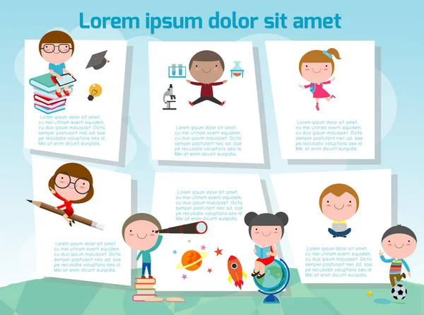 sevimli çocuklar eğitim, okul çocukları ya da okula geri, Şablon metin, mesaj ile reklam broşürü için. Vektör çizimi