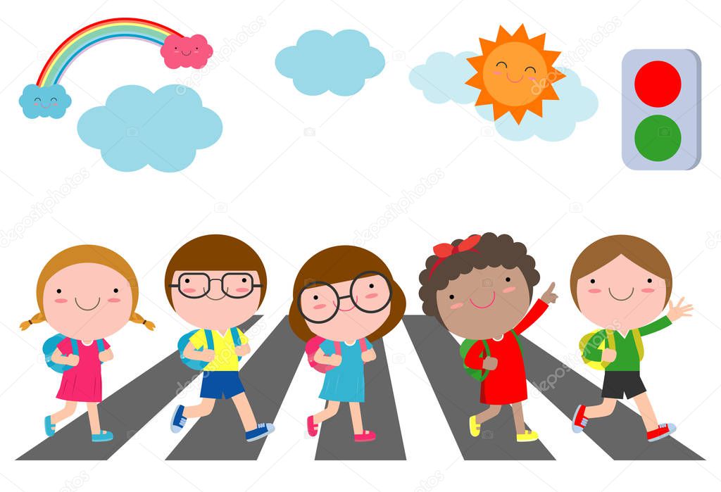 kids across the road, Students walk across the crosswalk with a traffic light, back to school Vector Illustration