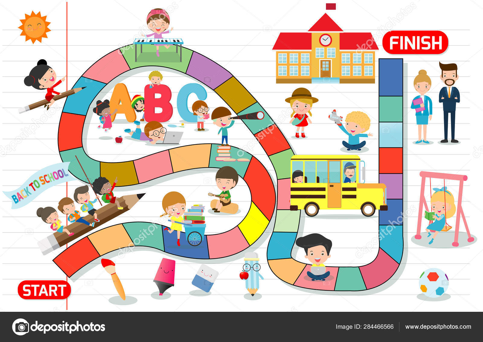 Jogo de tabuleiro com de volta ao fundo da escola