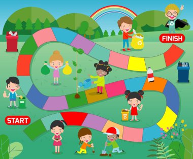 Gönüllü Çocuklar geri dönüşüm ile masa oyunu, Çocuk Ekim, Çocuk ile bir masa oyunu İllüstrasyon Dünya arka plan kaydet