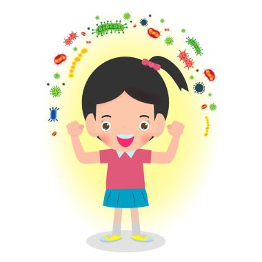 Sağlıklı kız bakteri saldırısını yansıtır. çocuk ve Virüsler ve Bakterilere Karşı Koruma, Sağlıklı yaşam tarzı kavramı beyaz arka plan vektör illüstrasyon izole