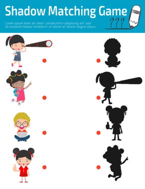 Çocuklar için Gölge Eşleştirme Oyunu, çocuklar için görsel oyun. Öğretim medya, nokta resmi bağlayın, Eğitim Vektör İllüstrasyon.
