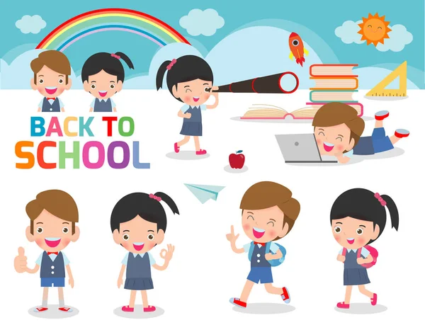 Conjunto Escolares Concepto Educación Volver Plantilla Escuela Con Los Niños — Vector de stock