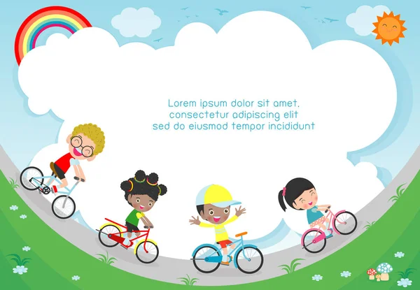 Niños Felices Bicicletas Bicicleta Infantil Ciclismo Saludable Con Niños Parque — Vector de stock