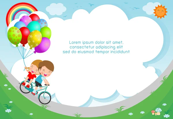 Niños Felices Bicicletas Bicicleta Infantil Ciclismo Saludable Con Niños Parque — Vector de stock