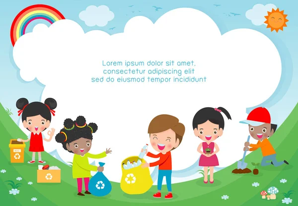 sevimli çocuk gönüllüler, Çocuklar geri dönüşüm için çöp toplamak, çocuk bitki ağaçları, Dünyayı kaydet, Reklam broşürü arka plan Illustrator Vector için Şablon 