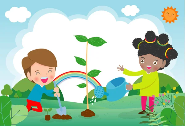 儿童在公园里种植的矢量插图 孩子们种树 拯救世界概念 — 图库矢量图片