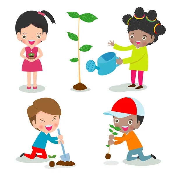 Vektör Llüstrasyon Çocuk Bir Parkta Dikim Çocuklar Bitki Ağaçları Sevimli — Stok Vektör