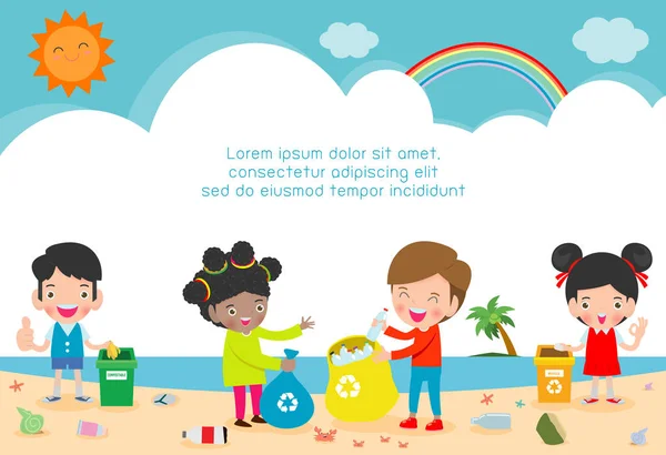 Grupo Voluntários Crianças Limpeza Praia Modelo Para Brochura Publicidade Seu —  Vetores de Stock