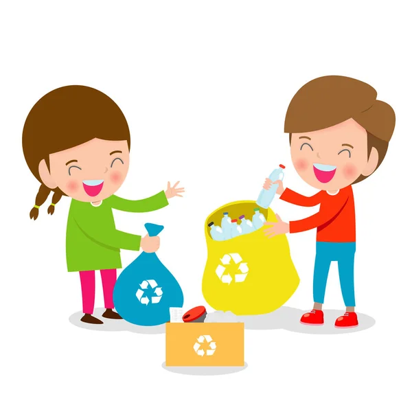 Děti Sbírat Odpad Pro Recyklaci Ilustrace Děti Oddělování Koše Recyklace — Stockový vektor