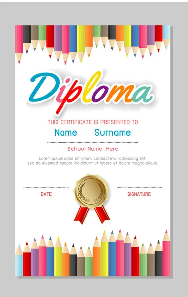 Sertifika çocuk diploması, anaokulu şablonu düzeni alan arka plan çerçeve tasarım vektörü. Anaokulu öğrencileri için diploma şablonu, eğitim okul öncesi kavramı.