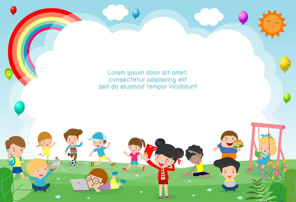 happy children playing in playground. Template for advertising brochure. Ready for your message. background vector illustration