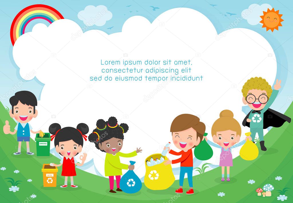 Children collect rubbish for recycling, Kids Segregating Trash, Save the World,Template for advertising brochure, volunteers Boy and girl poster Vector Illustration