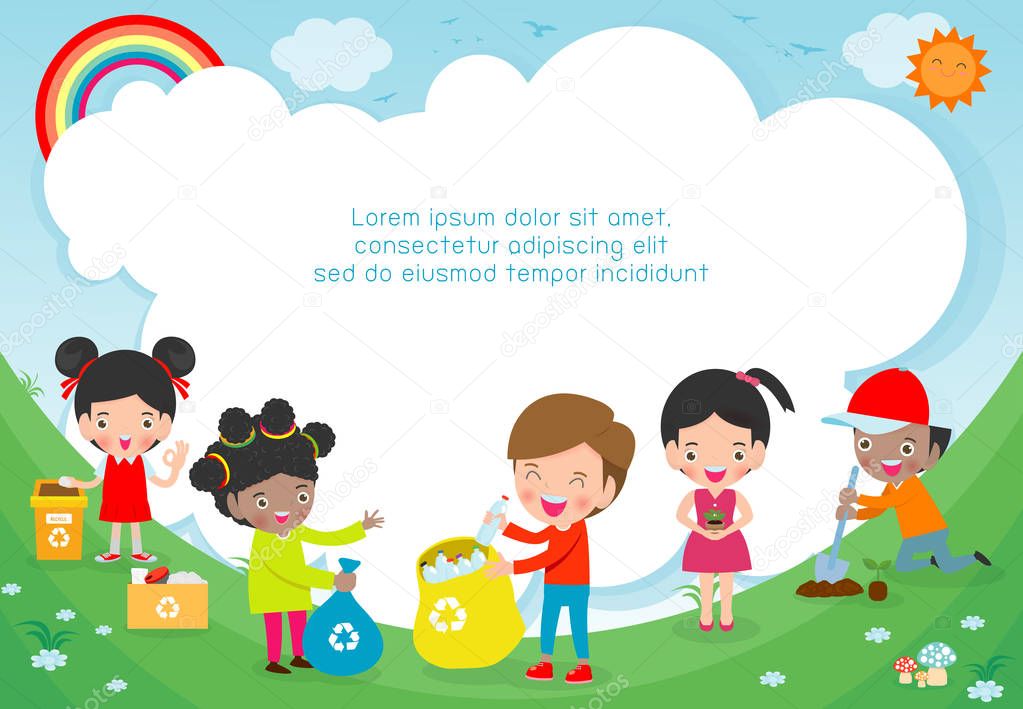 cute kids volunteers, Children collect rubbish for recycling, child plant trees, Save the World, Template for advertising brochure background Illustrator Vector 