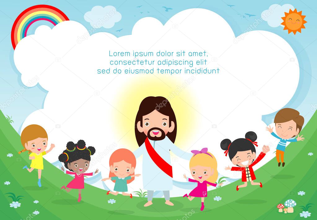 Jesus Christ and Group of happy children, Multicultural kids in the background. Template for advertising brochure. Ready for your message. vector illustration