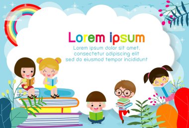 Okula dönüş, çocuk okulu, eğitim konsepti, çocuklar okula gidiyor, reklam broşürleri için şablon, metin, çocuklar ve çerçeve, çocuk ve çerçeve, vektör ilüzyonu, çizgi film mutlu çocukları.