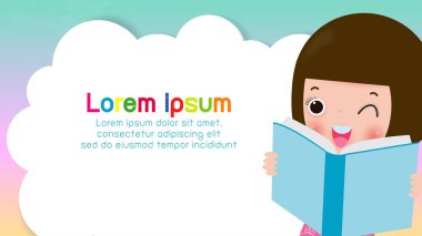 Okul için kitap okuma çocuklar eğitim kavramı, şablon için reklam broşürü, metin, çocuklar ve çerçeve, çocuk ve çerçeve, vektör çizim, karikatür mutlu çocuklar. İllüstrasyon
