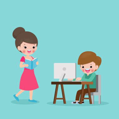 öğretmen ve öğrenci çocuk bilgisayar öğrenme. Bilgisayar Sınıfında Ki Okul Öncesi Çocuklar İzole Vektör İllüstrasyon 