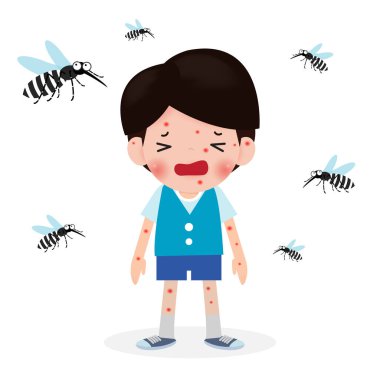 sivrisinekler tarafından ısırılan çocuklar, Zika virüsü, sıtma, sarı humma, Aedes Aegypti beyaz arka plan vektör illüstrasyon izole