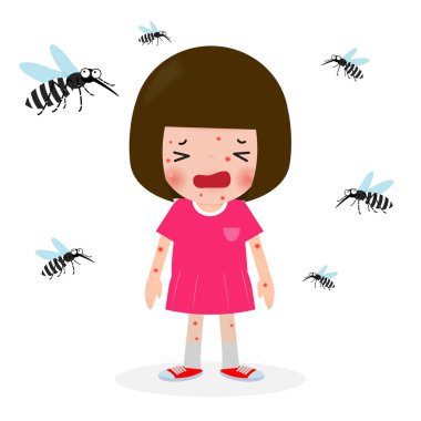 sivrisinekler tarafından ısırılan çocuklar, Zika virüsü, sıtma, sarı humma, Aedes Aegypti beyaz arka plan vektör illüstrasyon izole