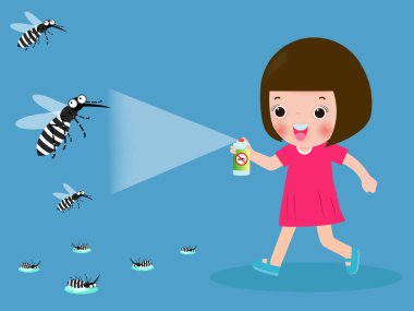 çocuklar sprey ile sivrisinek mücadele. dang humması kavramının korunması. Vektör illüstrasyon, Zika virüsü, sıtma, sarı humma, Aedes Aegypti arka plan vektör illüstrasyon izole