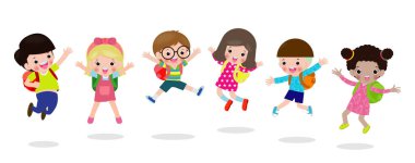 mutlu okul çocuklar beyaz arka plan vektör illüstrasyon izole atlama