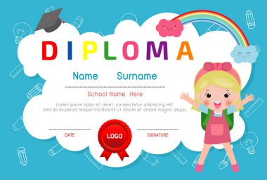 Sertifikalar anaokulu ve ilköğretim, Okul Öncesi Çocuk Diploması sertifika desen tasarım şablonu, Anaokulu öğrencileri için Diploma şablonu, Çocuk Belgesi diploması