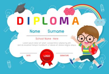 Sertifikalar anaokulu ve ilköğretim, Okul Öncesi Çocuk Diploması sertifika desen tasarım şablonu, Anaokulu öğrencileri için Diploma şablonu, Çocuk Belgesi diploması