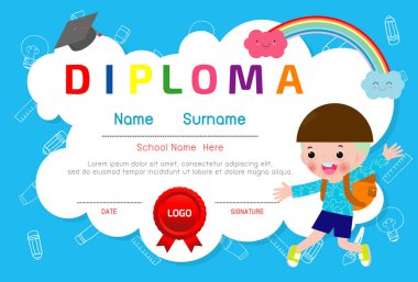 Sertifikalar anaokulu ve ilköğretim, Okul Öncesi Çocuk Diploması sertifika desen tasarım şablonu, Anaokulu öğrencileri için Diploma şablonu, Çocuk Belgesi diploması
